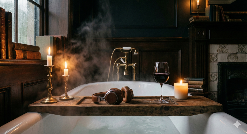 Atmosphärische POV-Aufnahme aus einer dunklen Badewanne bei Kerzenschein. Auf einer rustikalen Holzablage liegen Over-Ear-Kopfhörer (für Hörbücher) und ein Glas Rotwein. Dampf steigt auf. Dark Academia Ästhetik.