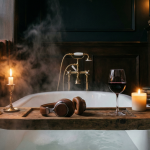 Atmosphärische POV-Aufnahme aus einer dunklen Badewanne bei Kerzenschein. Auf einer rustikalen Holzablage liegen Over-Ear-Kopfhörer (für Hörbücher) und ein Glas Rotwein. Dampf steigt auf. Dark Academia Ästhetik.