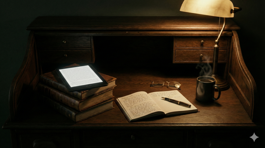 Ein Kindle auf antiken Büchern als Symbol für meine digitale Literaturkuratierung von Thrillern und Sachbüchern.