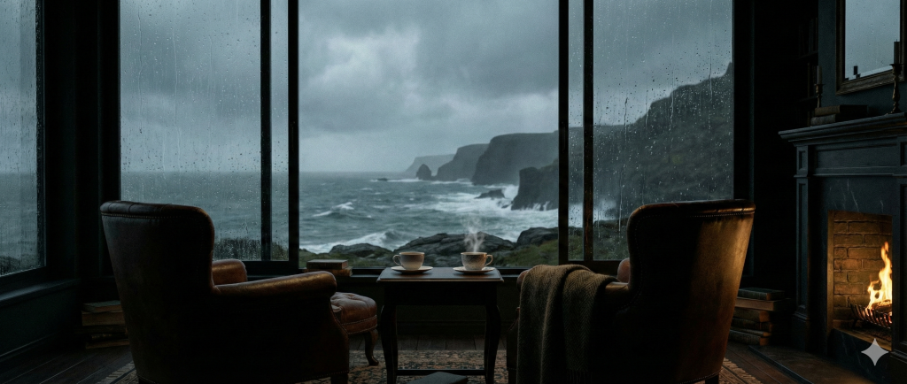 Blick aus einem dunklen, gemütlichen Raum mit Kaminfeuer auf eine stürmische Klippenküste bei Regen. Im Vordergrund zwei Ledersessel und Teetassen. Symbolbild für die Thriller-Rezension 'Das Klippenmädchen' von Jill Childs.