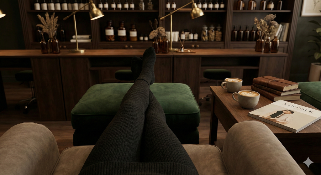 Entspannte Szene bei der Fußpflege: Beine auf einer Samt-Ablage, daneben Kaffee für zwei Personen. Symbolisiert Mädelszeit und Selbstfürsorge.