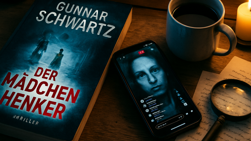 Atmosphärisches Stillleben: Der Thriller 'Mädchenhenker' von Gunnar Schwarz liegt neben einem Smartphone, das ein düsteres Live-Video zeigt. Daneben eine Lupe, Notizen und Kaffee im Kerzenschein. Dark Academia Stil.