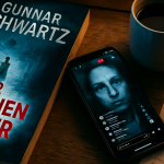 Atmosphärisches Stillleben: Der Thriller 'Mädchenhenker' von Gunnar Schwarz liegt neben einem Smartphone, das ein düsteres Live-Video zeigt. Daneben eine Lupe, Notizen und Kaffee im Kerzenschein. Dark Academia Stil.