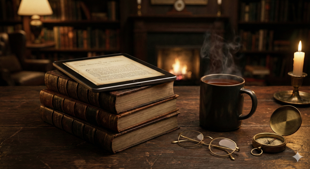 Stimmungsbild Dark Academia: Ein moderner E-Reader liegt auf einem Stapel antiker, ledergebundener Bücher. Daneben stehen eine dampfende Tasse Tee, eine goldene Lesebrille und ein Kompass auf einem dunklen Holztisch vor unscharfem Bibliotheks-Hintergrund.