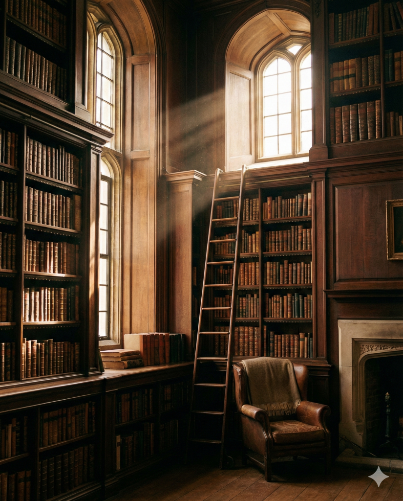 Imposante alte Bibliothekshalle im Dark Academia Stil. Raumhohe dunkle Holzregale voller Bücher, eine antike Leiter und warme Sonnenstrahlen, die durch hohe Bogenfenster auf einen ledernen Lesesessel fallen.
