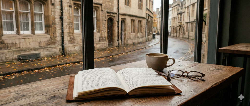 Atmosphärischer Schreibplatz im Dark Academia Stil an einem verregneten Fenster. Ein aufgeschlagenes Notizbuch (Journal), Kaffee und Brille auf einem Holztisch. Draußen eine herbstliche Stadt.