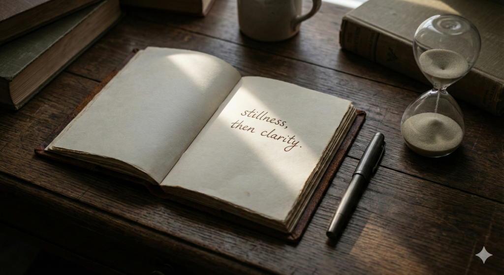Minimalistische Dark Academia Szene: Ein aufgeschlagenes Notizbuch mit viel leerem Raum und der handgeschriebenen Notiz 'stillness, then clarity'. Daneben ein Füllfederhalter und eine abgelaufene Sanduhr auf dunklem Holz. Symbolisiert Ruhe, Klarheit und den Mut zur Lücke.