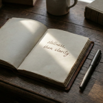 Minimalistische Dark Academia Szene: Ein aufgeschlagenes Notizbuch mit viel leerem Raum und der handgeschriebenen Notiz 'stillness, then clarity'. Daneben ein Füllfederhalter und eine abgelaufene Sanduhr auf dunklem Holz. Symbolisiert Ruhe, Klarheit und den Mut zur Lücke.