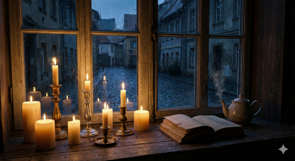Atmosphärisches Stillleben am Fenster zur blauen Stunde. Viele brennende Kerzen auf einem Holztisch verbreiten warmes Licht, während es draußen dunkel und regnerisch ist. Daneben ein Buch und Tee.