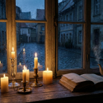 Atmosphärisches Stillleben am Fenster zur blauen Stunde. Viele brennende Kerzen auf einem Holztisch verbreiten warmes Licht, während es draußen dunkel und regnerisch ist. Daneben ein Buch und Tee.