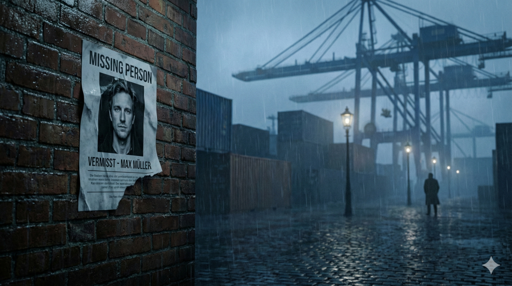 Düstere Szene im Hamburger Hafen bei Nacht und Regen. Im Vordergrund ein verwittertes "Vermisst"-Plakat an einer nassen Ziegelwand, im Hintergrund unscharf Container und Kräne. Symbolbild für den Kriminalroman "Die Schuldigen"