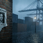 Düstere Szene im Hamburger Hafen bei Nacht und Regen. Im Vordergrund ein verwittertes "Vermisst"-Plakat an einer nassen Ziegelwand, im Hintergrund unscharf Container und Kräne. Symbolbild für den Kriminalroman "Die Schuldigen"