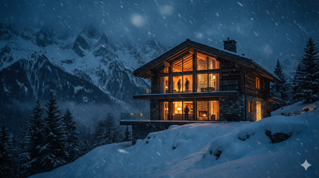 Ein beleuchtetes Luxus-Chalet in den verschneiten Alpen während eines nächtlichen Sturms. Symbolbild für Claire McGowans Thriller 'Das Chalet