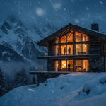 Ein beleuchtetes Luxus-Chalet in den verschneiten Alpen während eines nächtlichen Sturms. Symbolbild für Claire McGowans Thriller 'Das Chalet