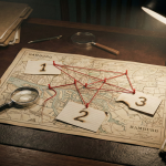 Stillleben eines Kriminalisten-Schreibtisches mit einer alten Hamburg-Karte, verbunden durch roten Faden und drei verkohlten Nummernkarten (1, 2, 3). Daneben Lupen, eine Pfeife und eine Kaffeetasse. Symbolbild für die Thriller-Rezension 'Der Perfektionist'.