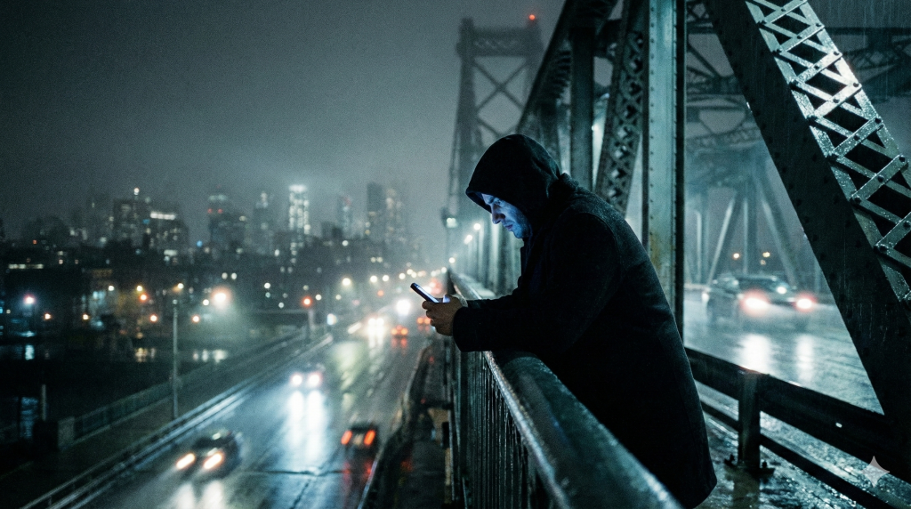 Eine Person steht nachts auf einer Brücke, beleuchtet durch ein Smartphone. Symbolbild für digitale Manipulation in Volker Gerlings 'Der Seelsorger'.