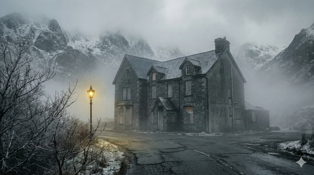 Ein einsames, düsteres Hotel in den verschneiten, nebligen Bergen von Wales. Symbolbild für Simon Becketts Thriller 'Knochenkälte'