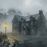 Ein einsames, düsteres Hotel in den verschneiten, nebligen Bergen von Wales. Symbolbild für Simon Becketts Thriller 'Knochenkälte'