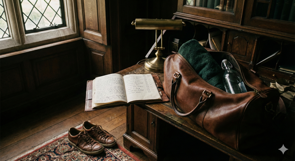 Stillleben im Dark Academia Stil: Ein dunkler Holztisch mit einem offenen Journal für Habit-Tracking, einer gepackten Leder-Sporttasche und Sportschuhen auf dem Boden. Symbolbild für die Etablierung neuer Sport-Routinen und Disziplin.