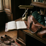 Stillleben im Dark Academia Stil: Ein dunkler Holztisch mit einem offenen Journal für Habit-Tracking, einer gepackten Leder-Sporttasche und Sportschuhen auf dem Boden. Symbolbild für die Etablierung neuer Sport-Routinen und Disziplin.