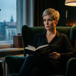 Mila Malek im Salon, ein Buch der Kategorie Psychologie der Thriller lesend, umgeben von warmem Kerzenlicht und dunklen Schatten.