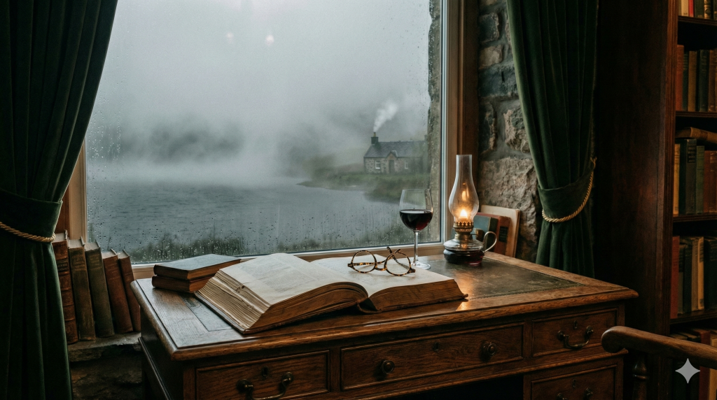 Eine atmosphärische Loch Dorcha Analyse visualisiert durch ein Dark Academia Stillleben mit einem antiken Buch, einer Kerze und dem Blick auf einen nebligen, schottischen See in der Dämmerung.