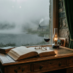 Eine atmosphärische Loch Dorcha Analyse visualisiert durch ein Dark Academia Stillleben mit einem antiken Buch, einer Kerze und dem Blick auf einen nebligen, schottischen See in der Dämmerung.