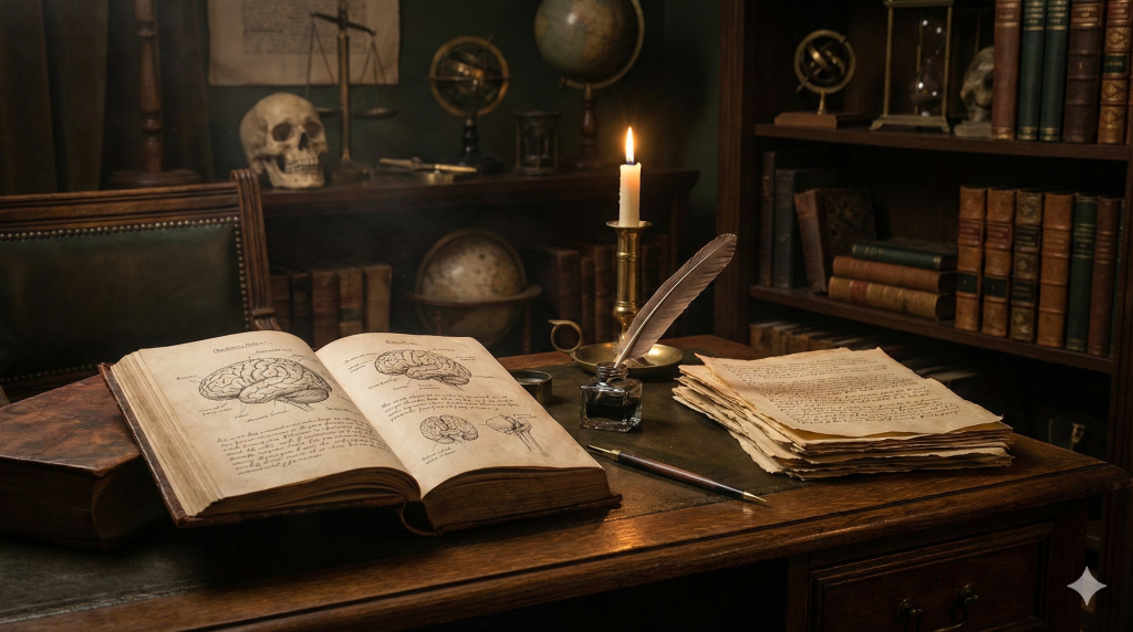 Ein atmosphärisches Arbeitszimmer im Dark Academia Stil mit einem aufgeschlagenen Buch über Hirnanatomie, einer Sanduhr und Kerzen – Symbol für die Denkfehler Psychologie.