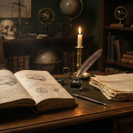 Ein atmosphärisches Arbeitszimmer im Dark Academia Stil mit einem aufgeschlagenen Buch über Hirnanatomie, einer Sanduhr und Kerzen – Symbol für die Denkfehler Psychologie.