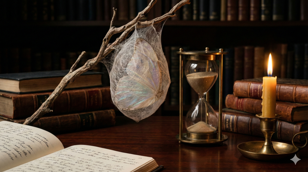 Eine Sanduhr und ein Kokon auf einem Schreibtisch symbolisieren die langsame Metamorphose von Gewohnheiten, umgeben von Büchern im Dark Academia Stil.