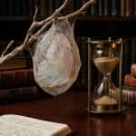 Eine Sanduhr und ein Kokon auf einem Schreibtisch symbolisieren die langsame Metamorphose von Gewohnheiten, umgeben von Büchern im Dark Academia Stil.