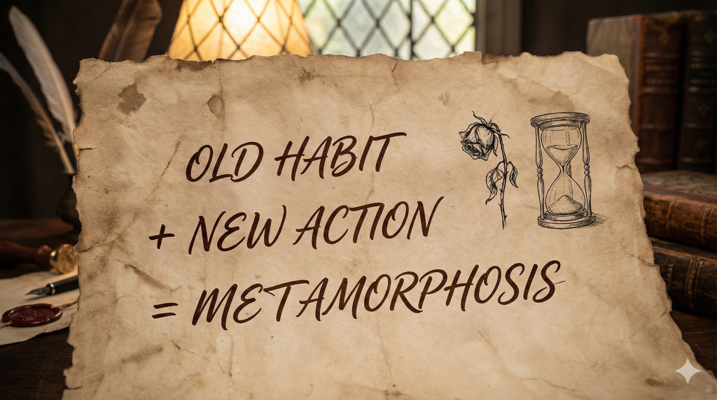 Eine kalligrafische Darstellung der Formel für Habit Stacking auf antikem Pergament, die den methodischen Weg zur Metamorphose verdeutlicht.