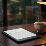 Bibliophiler Minimalismus: Ein moderner E-Reader mit leuchtendem Display liegt auf einem antiken Mahagonischreibtisch neben einer Tasse dampfendem Tee.
