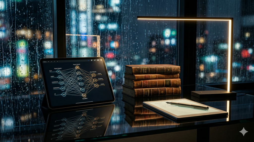 Ein modernes Tablet mit neuronalen Diagrammen neben klassischen Büchern illustriert die Macht der Gewohnheit im digitalen Zeitalter.