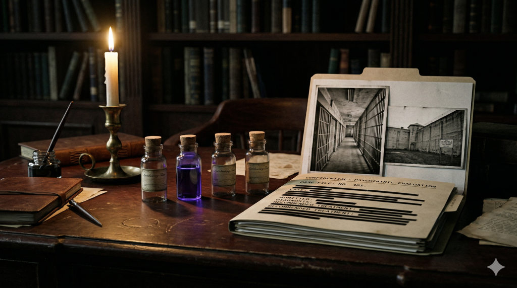 Vier gläserne Phiolen und eine psychologische Akte symbolisieren die Vergiftete Wahrheit im neuen Amy-Winter-Thriller.